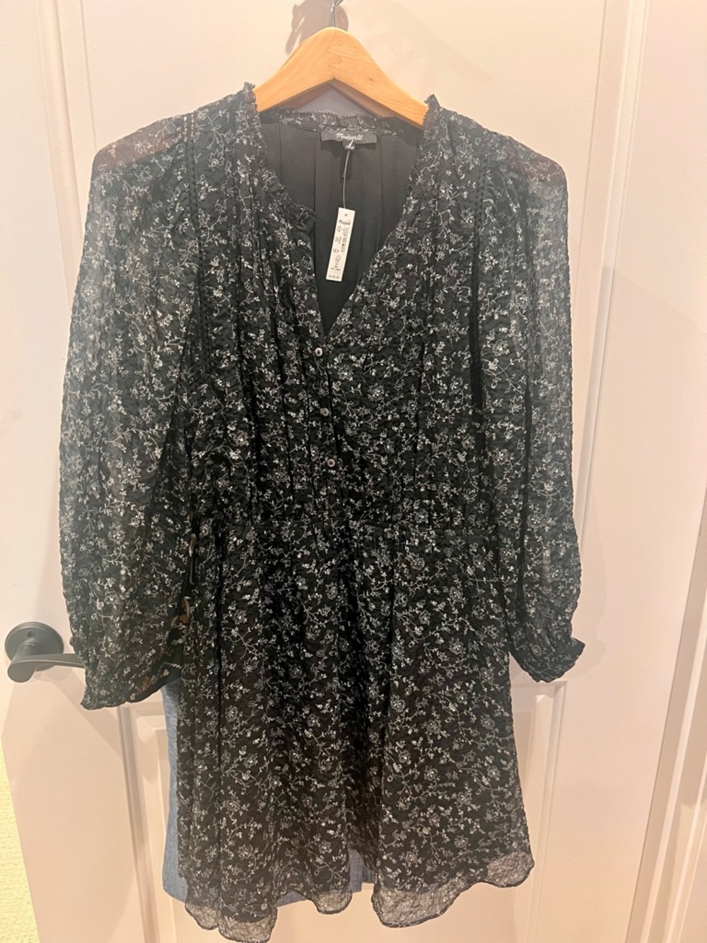 Madewell Black Floral Long Sleeve Sheer Ruffle Dress